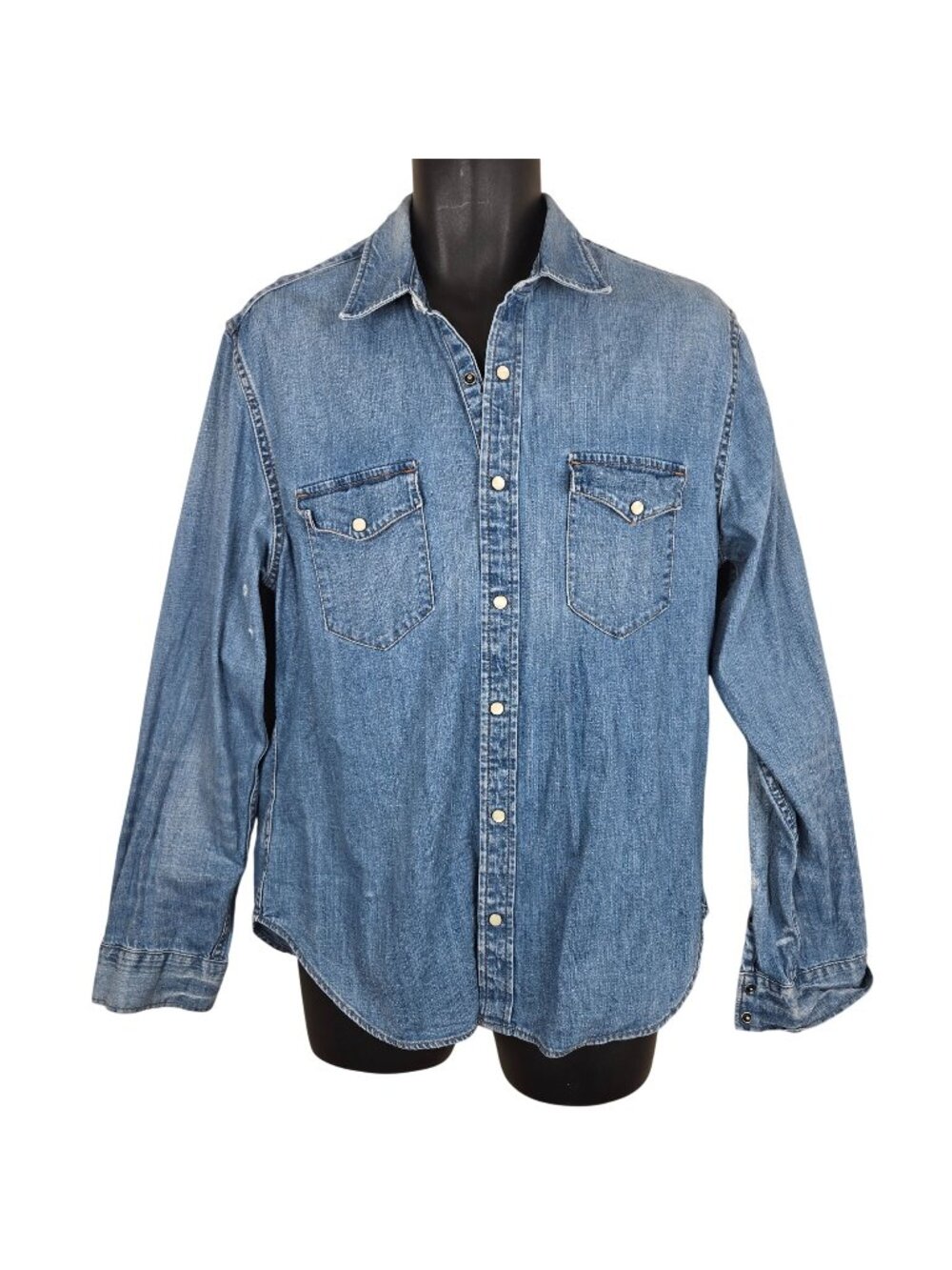 Denim Long-Sleeve Western Shirt Pearl Snap Distressed Blue Mens Size L